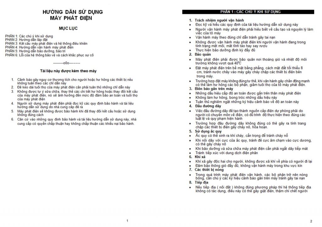 tài liệu bảo hành sử dụng máy phát điện 1